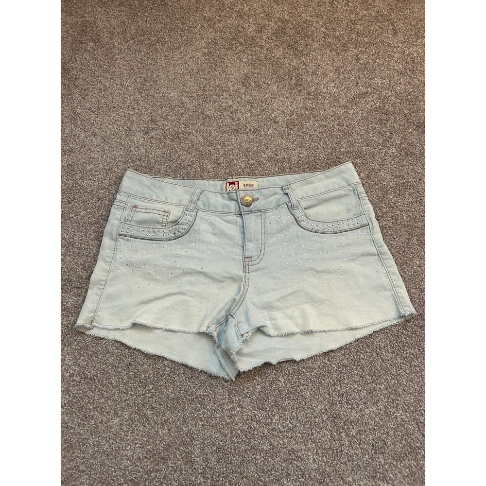 LEI Ashley Low Rise Denim Shorts Juniors 11 Light Wash Excellent Rhinestone Y2K